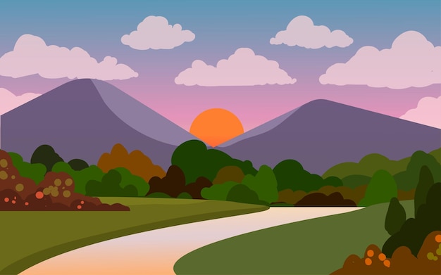 Vector paisaje plano de montaña y bosque.