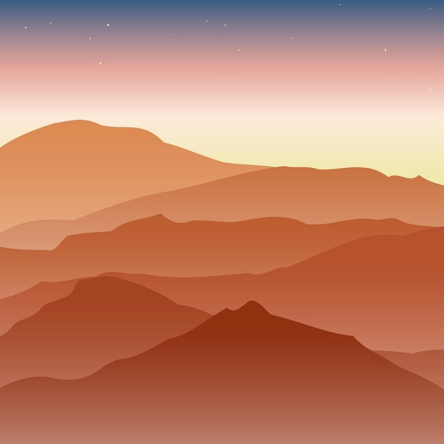 Vector paisaje plano con montañas de arena en el fondo del cielo del amanecer con estrellas. paisaje minimalista