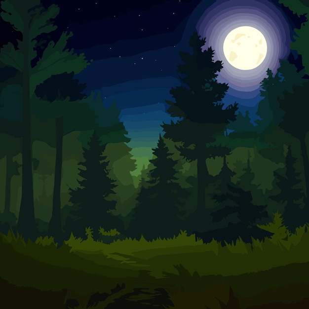 Paisaje plano vectorial en el fondo nocturno