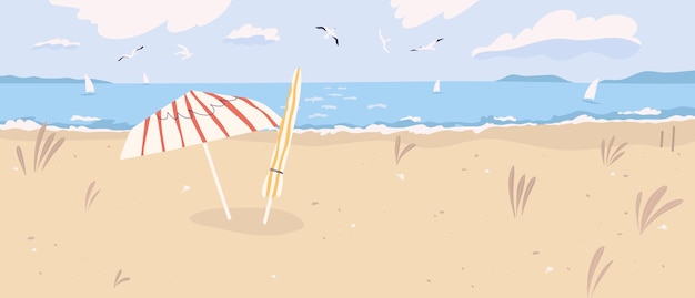 Paisaje de playa de arena desierta. Paisaje de verano de la costa del mar del desierto con sombrillas, gaviotas en el cielo nublado y veleros en el horizonte. Ilustración de vector plano.