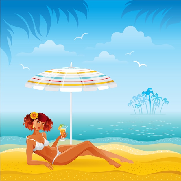 Paisaje de playa con chica bronceada en bikini acostada bajo el paraguas con un cóctel. Ilustración de moda de mujer de verano.