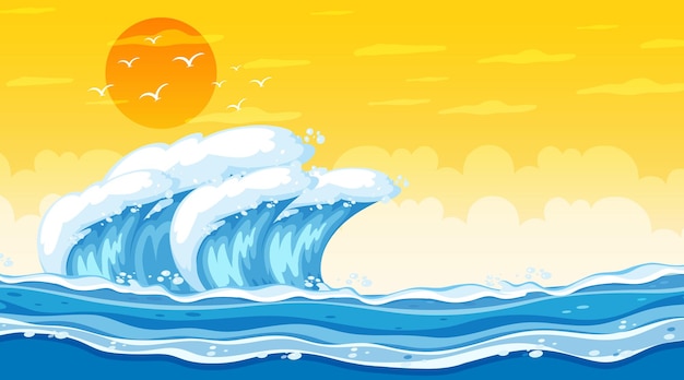 Vector paisaje de playa en la escena del atardecer con olas del mar