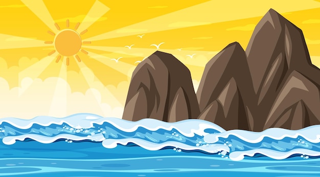 Vector paisaje de playa en la escena del atardecer con olas del mar