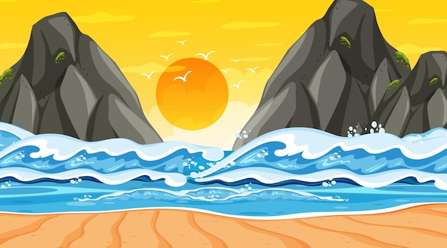 Vector paisaje de playa en la escena del atardecer con olas del mar