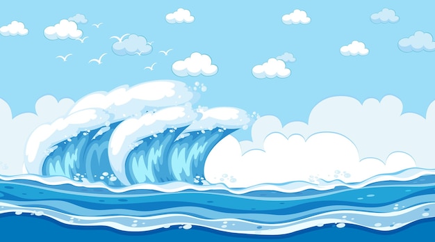 Vector paisaje de playa en la escena diurna con olas del océano.