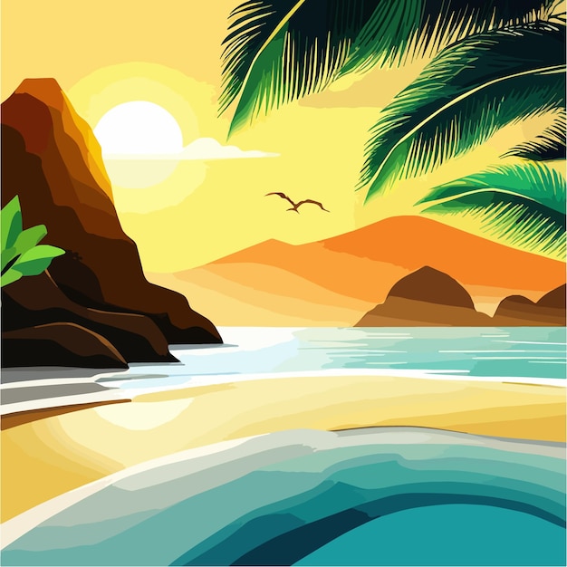 Vector paisaje de playa exótico de verano orilla de arena con palmeras verdes e ilustración vectorial del mar azul