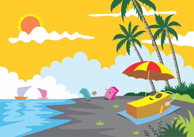 Paisaje de playa, garabatos de dibujos animados