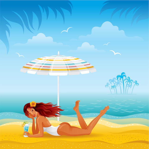 Vector paisaje de playa de mar con hermosa chica delgada delgada que pone bajo el sol unbrella con cóctel.