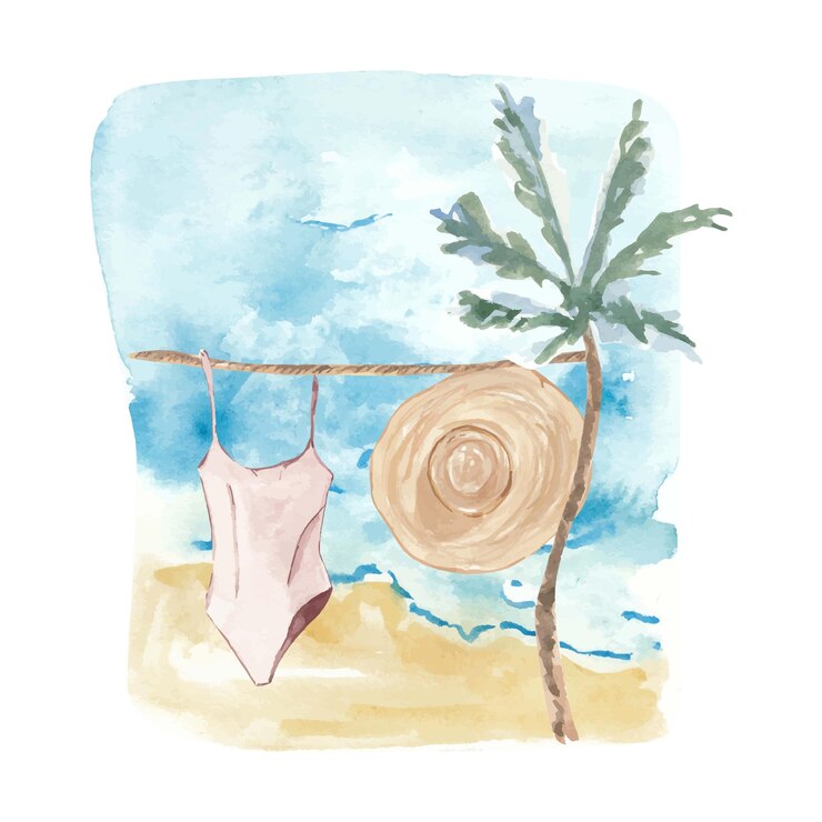 paisaje de playa de mar con sombrero y traje de baño