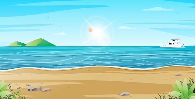 Vector paisaje de playa con montañas y paseo en barco