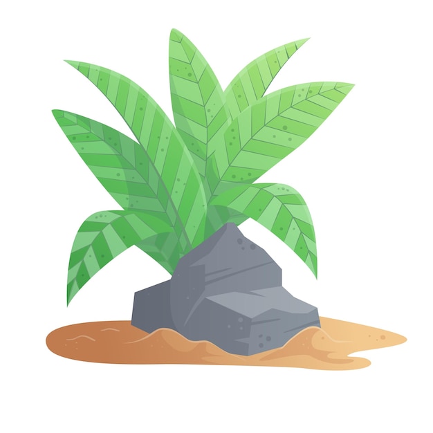Paisaje de playa con piedra plana y planta tropical en arena aislada en fondo blanco dibujos animados palmeras de bosque tropical icono para plantillas de diseño de juegos impresiones