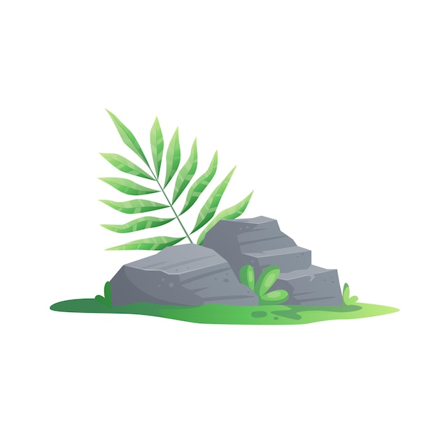 Paisaje de playa con piedra y plantas tropicales aisladas en fondo blanco dibujos animados palmeras de bosque tropical icono para plantillas de diseño de juegos impresiones