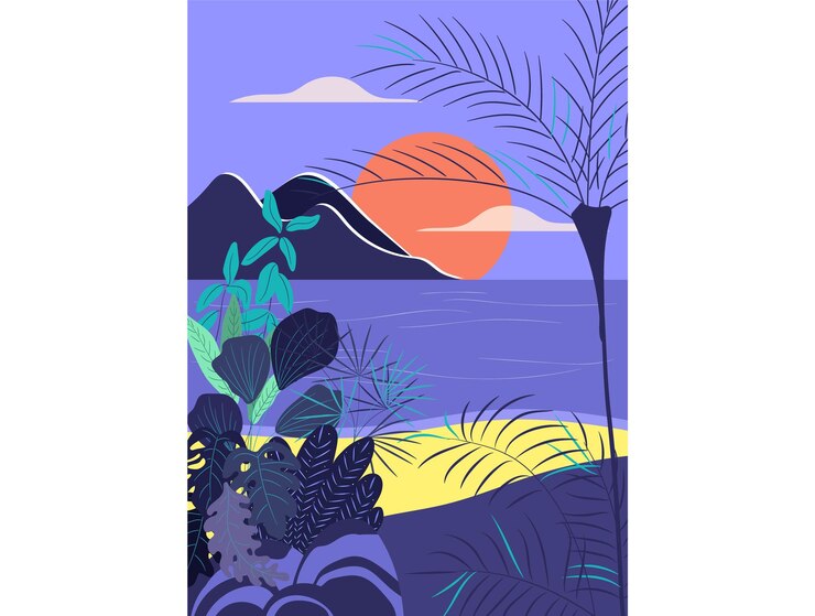 Paisaje de la playa de Sunset con palmeras y vista al océano