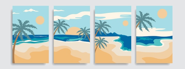 Vector paisaje de playa de verano hermoso paisaje de playas de arena con palmeras mar con olas