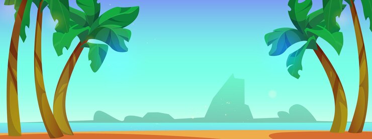 Paisaje de playa de verano con palmeras y mar dibujos animados vectoriales
