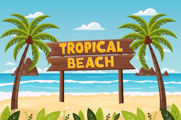 Paisaje de playa de verano tropical con palmeras e ilustración vectorial plana de carteles de madera