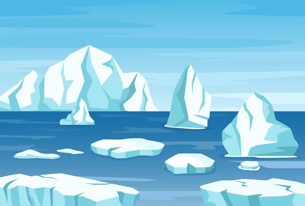 Paisaje polar ártico con icebergs, glaciares y rocas de hielo, montañas antárticas, escena vectorial