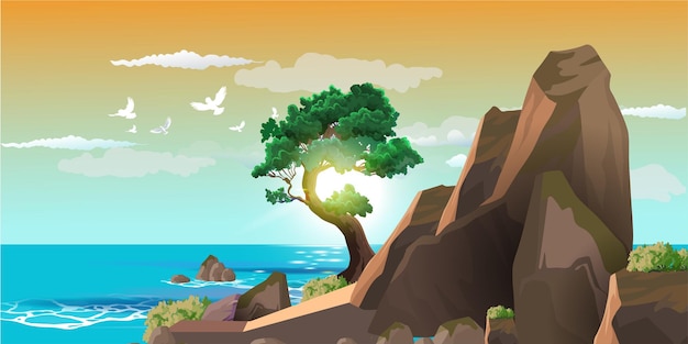 Vector paisaje postal rocas una isla con un hermoso árbol verde mar océano amanecer cielo pájaros y nubes