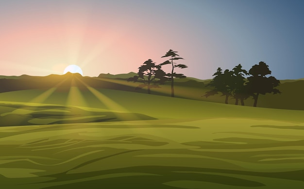 Vector paisaje de pradera con amanecer brillante
