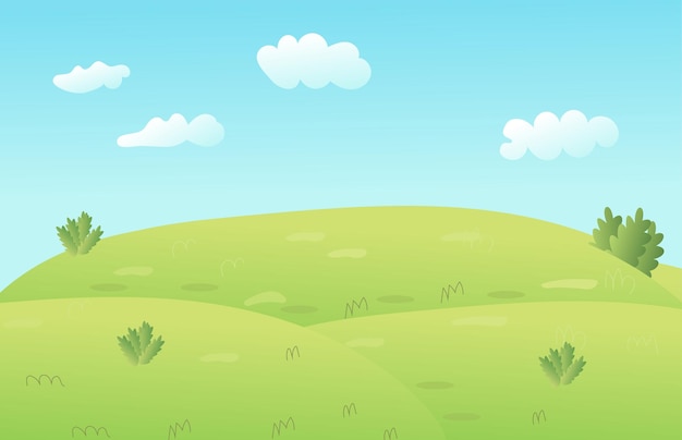 Vector paisaje de pradera de dibujos animados de vector con hierba cielo azul con nubes blancas paisaje de valle plano campo vacío en un día soleado de verano plantilla de claro vacío de fondo de paisaje de colinas verdes