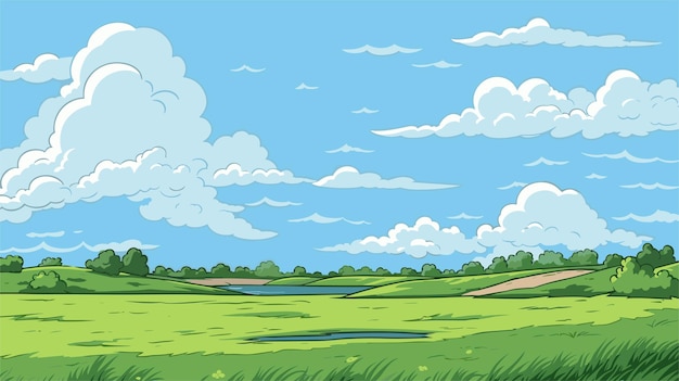 Vector paisaje de pradera con hierba cielo azul con nubes blancas día soleado de verano ilustración vectorial