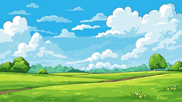 Paisaje de pradera con hierba cielo azul con nubes blancas día soleado de verano ilustración vectorial