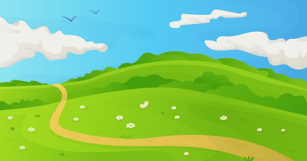 Vector paisaje de pradería de verano campos de hierba con flores y cielo con nubes esponjosas