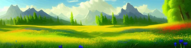 Un paisaje de prado verde brillante con flores silvestres en el fondo de altas montañas y un cielo azul con