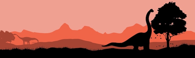 Paisaje prehistórico y braquiosaurios dinosaurios en las montañas ilustración vectorial