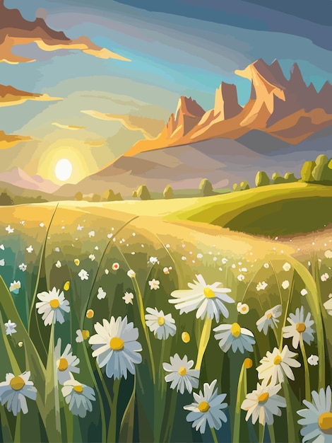 Vector paisaje de primavera campo margaritas blancas cielo azul y nubes en un día soleado panorama campos verdes en soleado