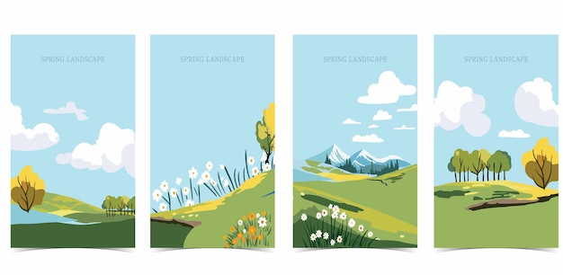 Vector paisaje de primavera con cielo de árboles de hierba