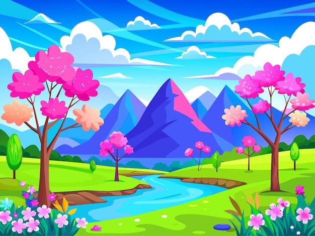 Paisaje de primavera con cielo azul y nubes Ilustración vectorial