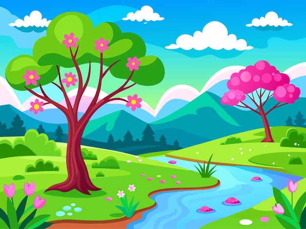 Paisaje de primavera con cielo azul y nubes Ilustración vectorial