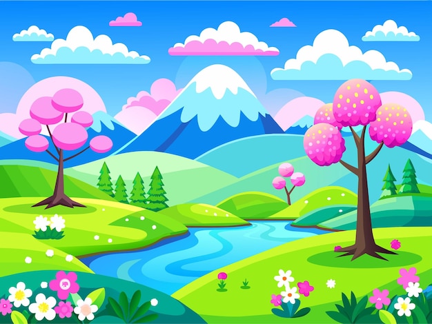 Paisaje de primavera con cielo azul y nubes Ilustración vectorial