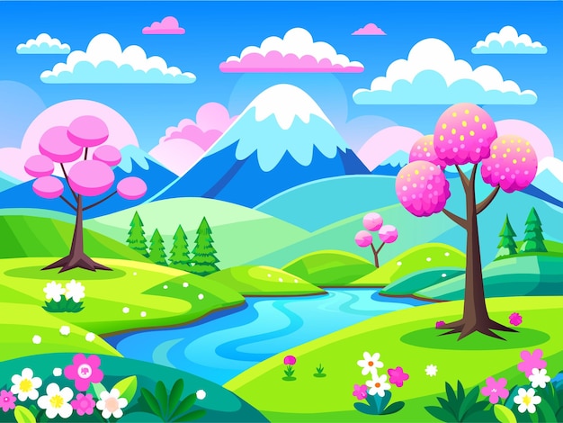 Vector paisaje de primavera con cielo azul y nubes ilustración vectorial