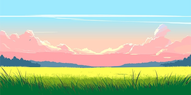 Paisaje de primavera con colinas verdes prados y pastos amanecer en el fondo panorama vectorial