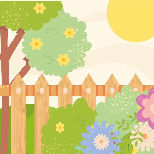 Vector paisaje de primavera con diseño de árboles y sol de valla de flores, ilustración de tema de decoración y jardín de adornos florales naturales de temporada