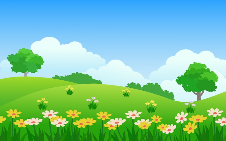 Vector paisaje de primavera con flores de colores en el parque verde