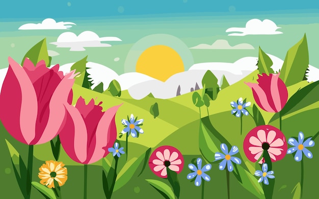 Vector paisaje de primavera fondo vector dibujo animado lindo escena de la naturaleza campo con nubes de cielo azulbajo ba