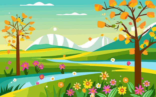 Paisaje de primavera fondo vector dibujo animado lindo escena de la naturaleza campo con nubes de cielo azulbajo ba