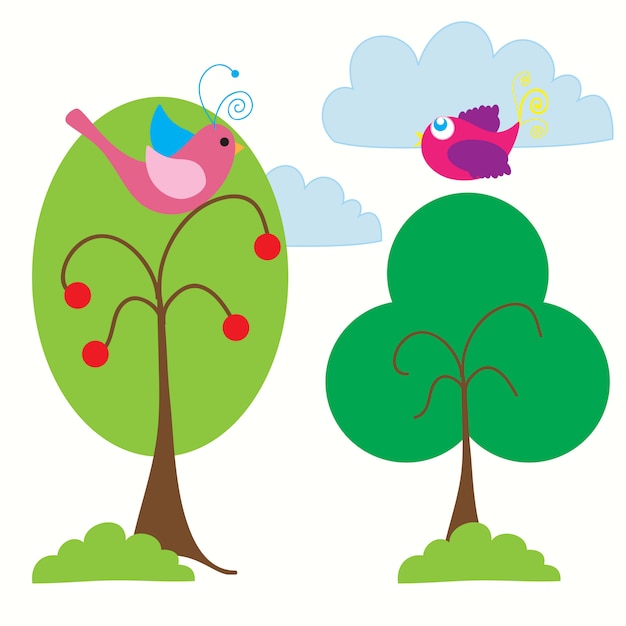 Vector paisaje de primavera con hermosos pájaros de colores.