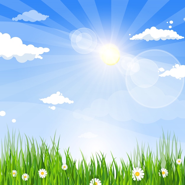 Vector paisaje primavera con hierba verde cielo azul