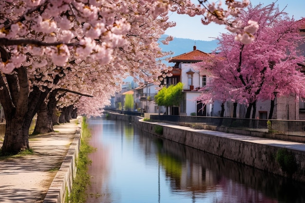 Vector el paisaje en la primavera de japón en la temporada de cerezas en flor el paisaje en toyama en asahim