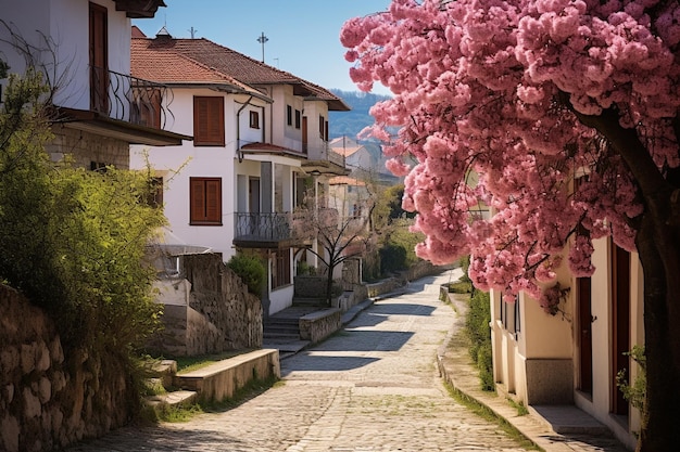 Vector el paisaje en la primavera de japón en la temporada de cerezas en flor el paisaje en toyama en asahim