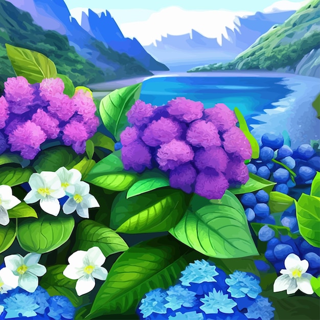 Vector paisaje de primavera de montaña montañas con picos nevados arbustos de flores lila dibujos animados primavera plana naturaleza