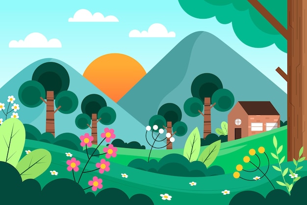 Vector paisaje de primavera plano detallado