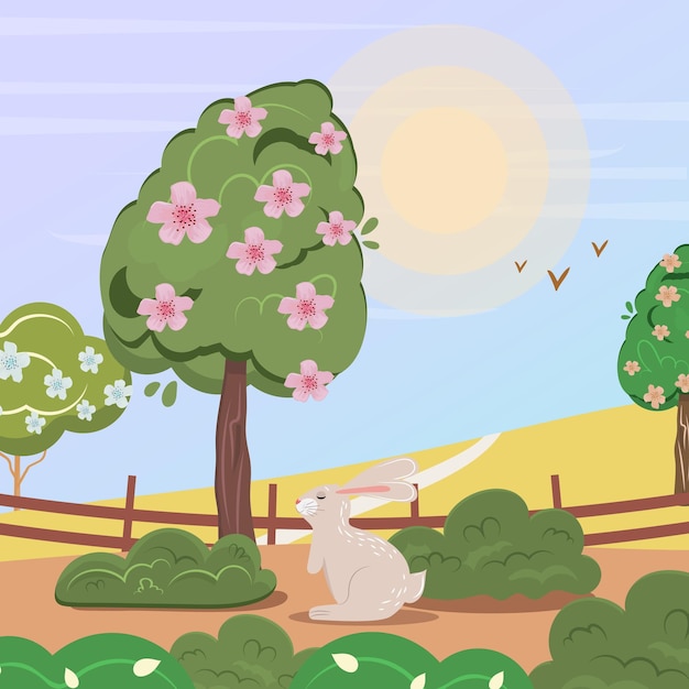Paisaje de primavera y verano con un conejo delante y pájaros volando hacia atrás