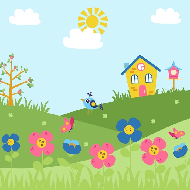 Paisaje de primavera verano dibujado a mano fondo de paisaje de tiempo de primavera con flores pájaros