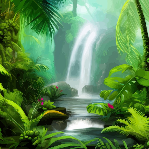 Vector paisaje primaveral con cascada en el bosque tropical ilustración vectorial ríos árboles con verde