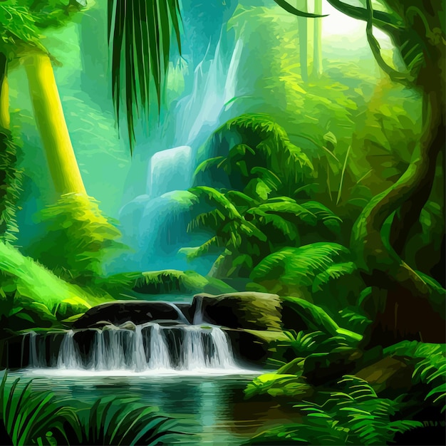 Vector paisaje primaveral con cascada en el bosque tropical ilustración vectorial ríos árboles con verde